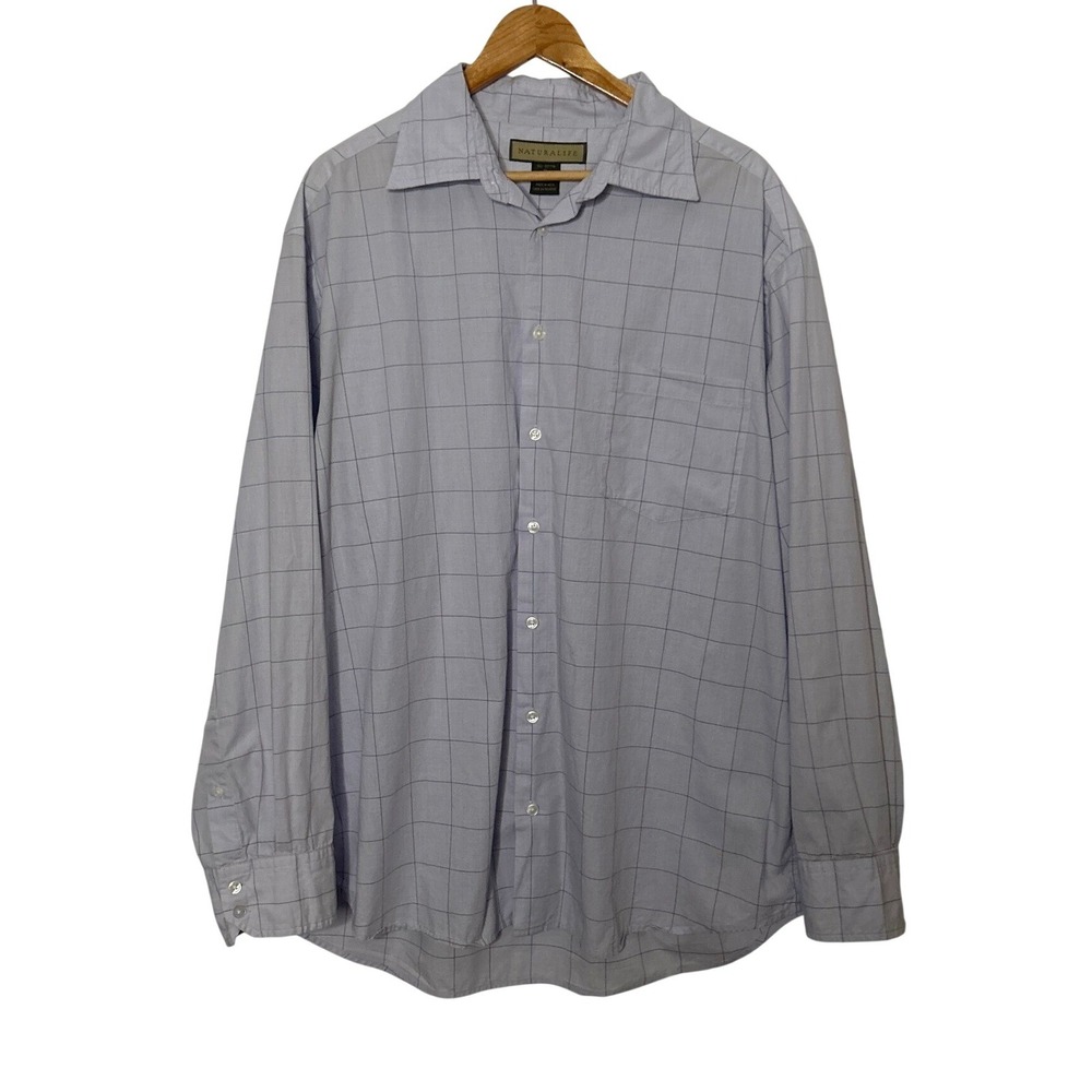 Vintage Y2K Naturalife Men's XL Blue Windowpane Plaid 100% Cotton Shirt